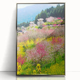 Mid-century modernist art depicting spring season in pastel shades, silver-framed acrylic print.