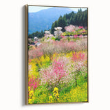 Framed canvas depicting a vintage-style landscape with spring theme in muted greens and golds, suitable for bedroom decor.