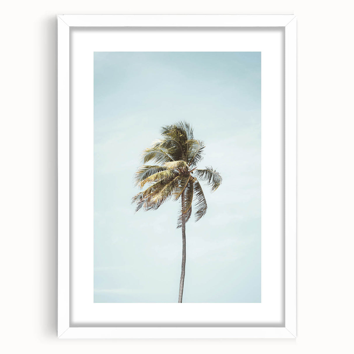 Abstract art print featuring swirling blue and green patterns on a white framed canvas.