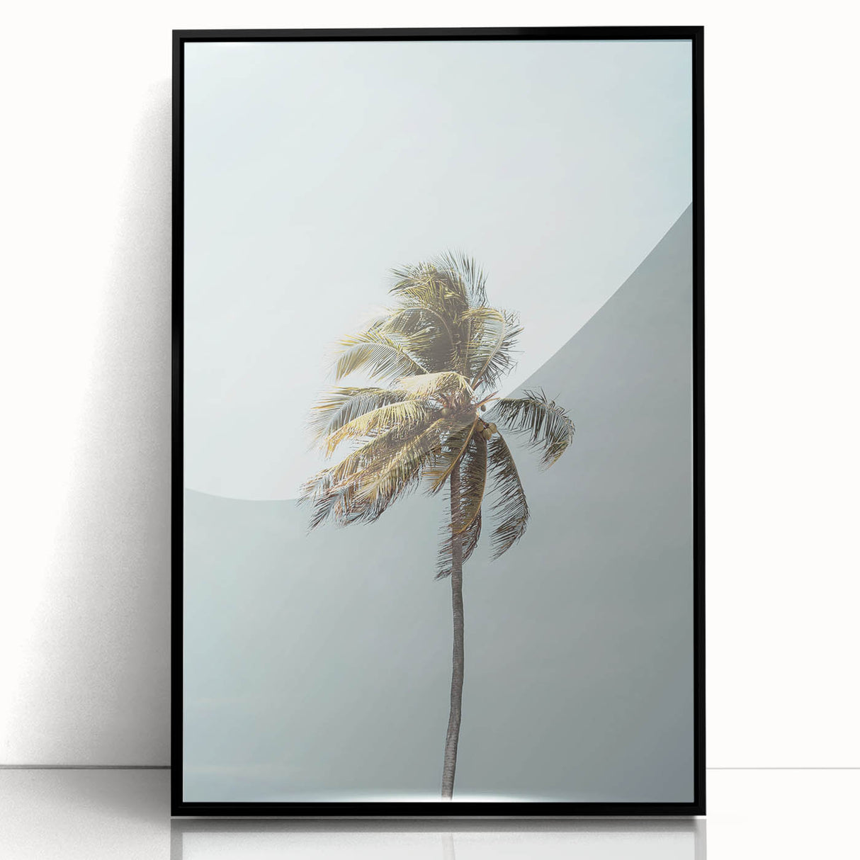 Large abstract wall art featuring mid-century modernist summer theme in muted yellow and orange, framed in black acrylic.