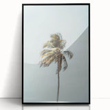 Large abstract wall art featuring mid-century modernist summer theme in muted yellow and orange, framed in black acrylic.