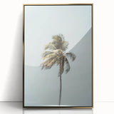 Large art print of a mid-century modernist summer scene in vibrant gold and blue tones on acrylic.