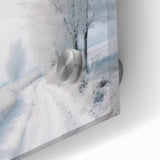 Winter-themed large abstract wall art on acrylic glass, featuring cool blue and white tones.