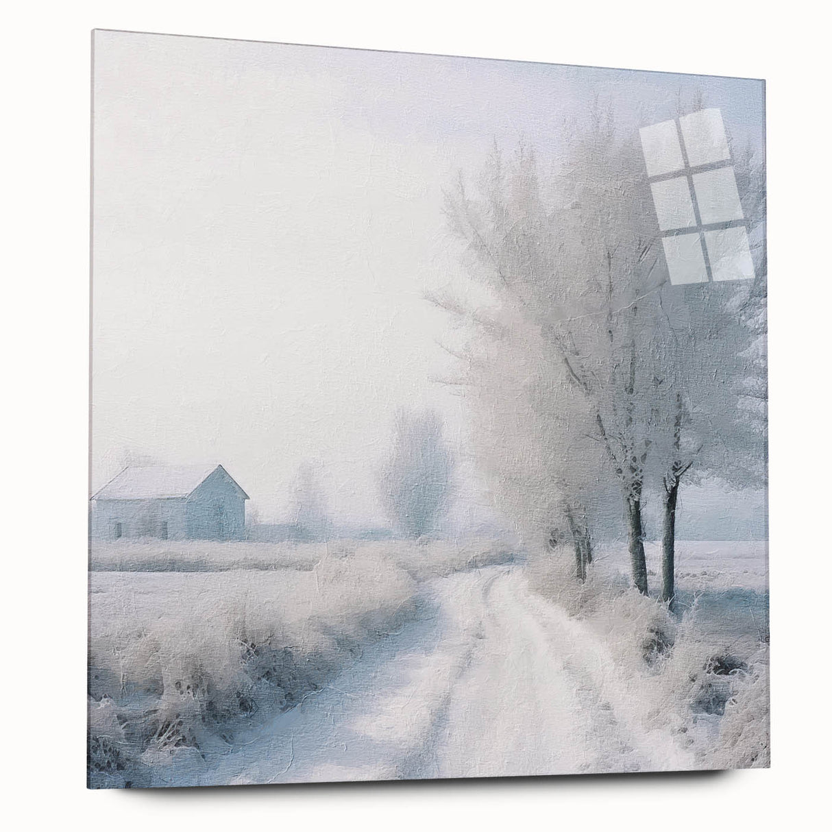 Large abstract winter scene in muted blue and white, acrylic print, ideal for dining room art.