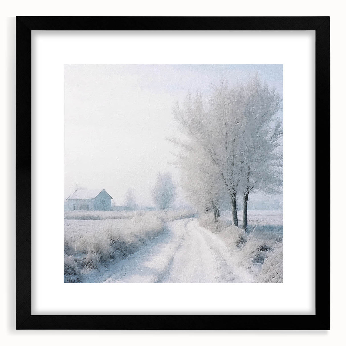 Abstract art print of a winter scene in vibrant blue and white tones on a large textured canvas, ideal for living room decor.