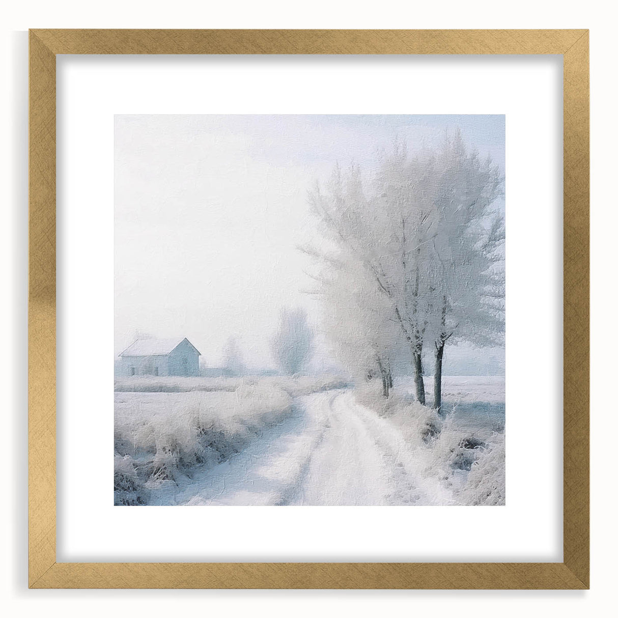 Extra large abstract art print featuring textured winter theme in muted gray and blue tones, framed in gold.