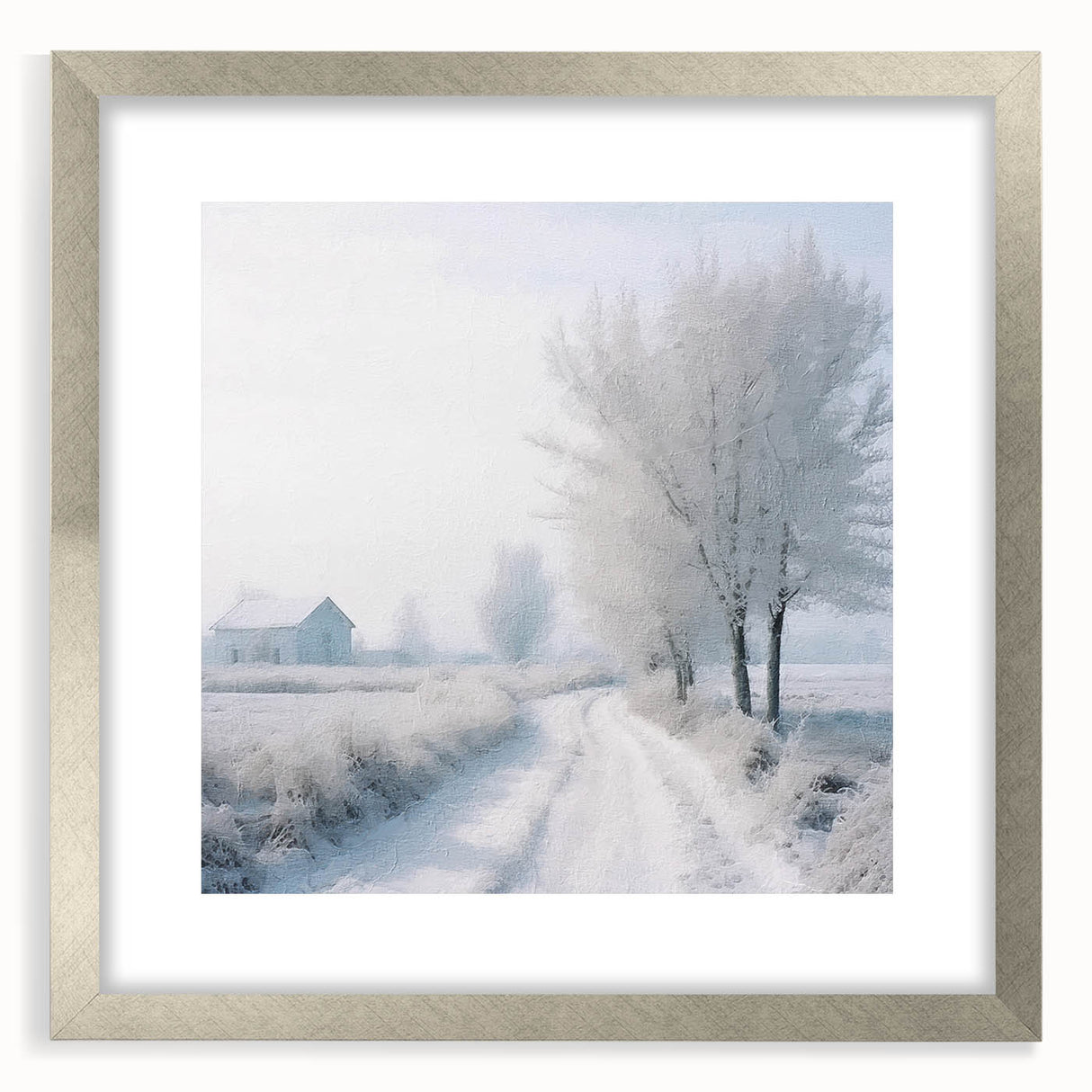 Textured abstract art print depicting a winter scene in muted blue and white tones, framed in silver, ideal for bedroom art.