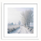 Abstract winter scene in muted blue and white tones on a framed canvas, ideal for dining room decor.