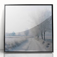 Large abstract wall art depicting a winter scene in muted blue and white tones, framed in black acrylic.