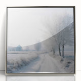 Mid-century modernist winter landscape on framed acrylic, featuring cool blue and silver tones, ideal for nursery wall art.
