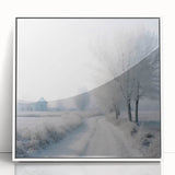 Winter scene with snow-covered trees in muted whites and grays, framed acrylic print, suitable for modern nursery decor.