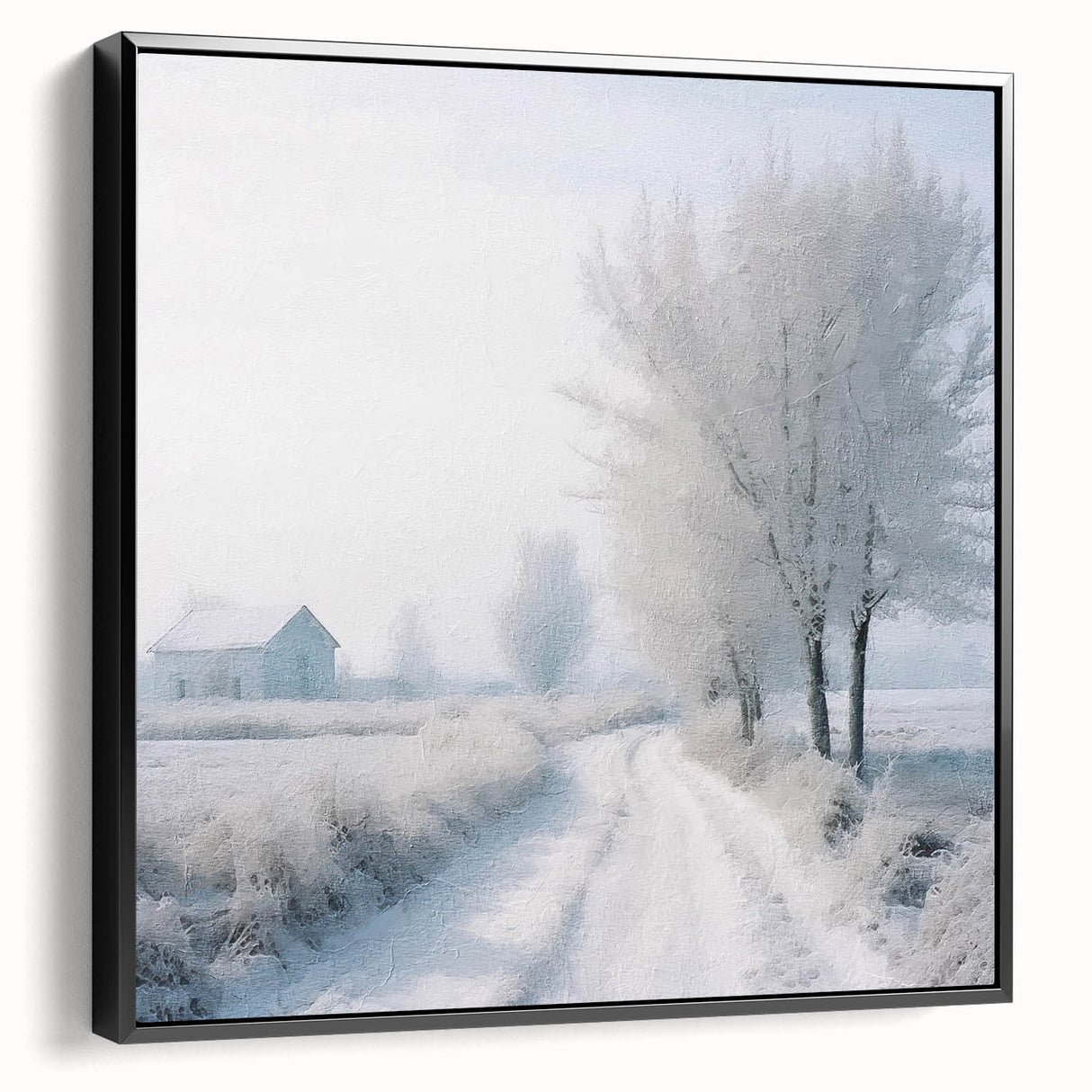 Black and white framed canvas depicting a winter landscape, ideal for bedroom wall decor.