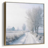 Winter landscape painting on framed canvas, featuring muted silver and gold tones, ideal for bedroom wall decor.