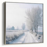 Winter landscape art painting on framed canvas, featuring muted gray and silver tones, ideal for living room decor.