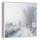 Framed canvas of a vintage winter scene poster art in muted white and gray tones.