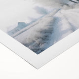 Art deco poster of a winter scene in muted blue and white tones on rolled canvas, suitable for dining room wall art.