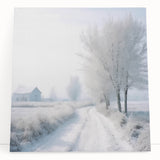 Winter scene in black and white on large stretched canvas, ideal for kitchen wall art or bedroom ambiance.