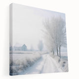 Winter scene with snow-covered trees on stretched canvas, in muted blue and white tones, ideal for kitchen wall art.