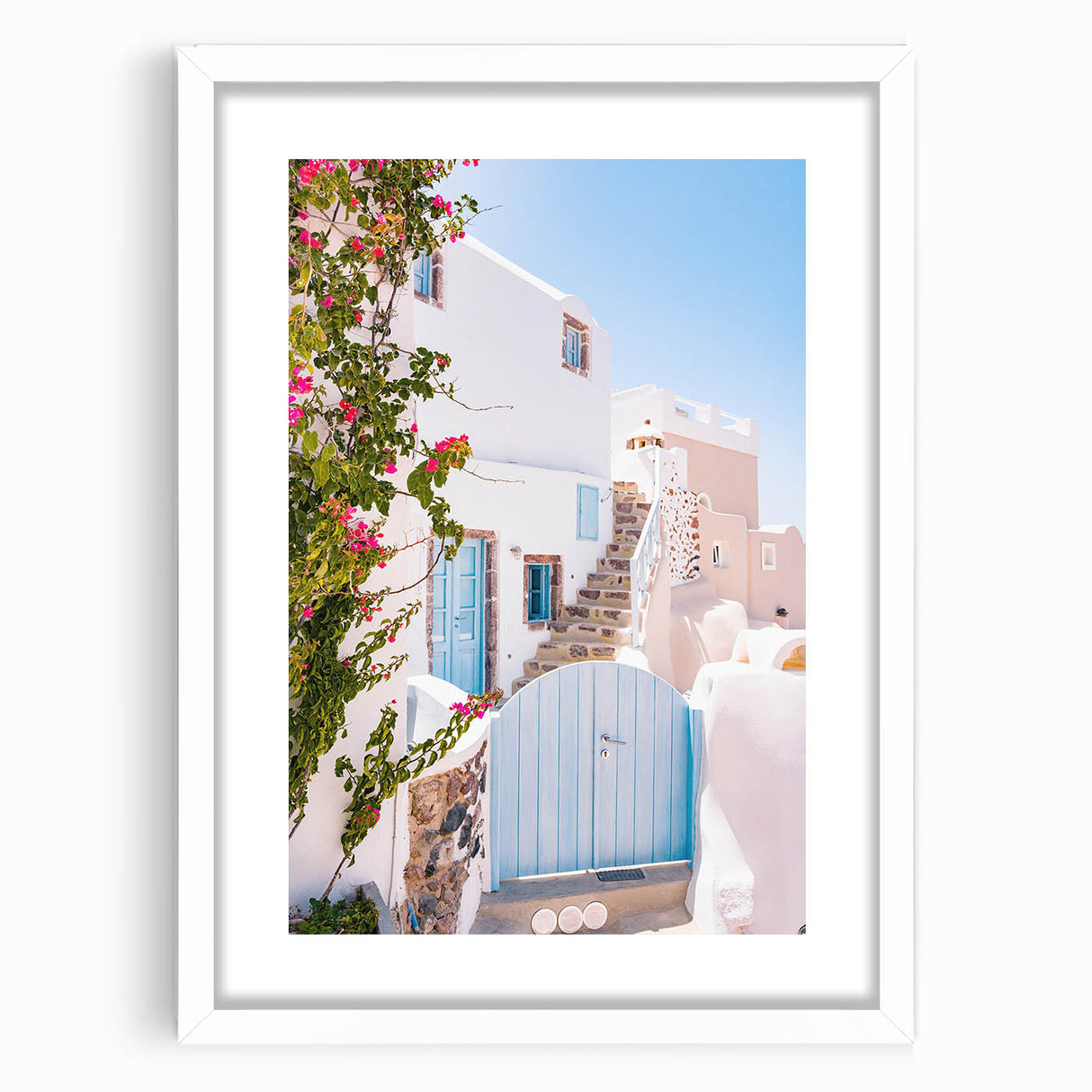 Abstract art print featuring swirling blue and white patterns, framed in white, suitable for bedroom or dining room decor.