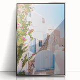 Mid-century modernist art poster featuring geometric shapes in muted pastel hues on a silver-framed acrylic print.