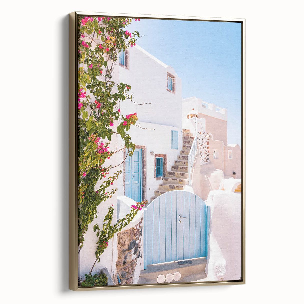 Framed vintage poster art depicting a summer landscape on canvas.