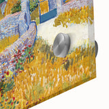 Large abstract wall art print featuring swirling blue and yellow patterns on acrylic glass, ideal for dining room ambiance.