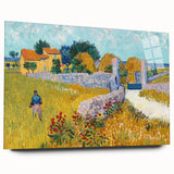 Large abstract wall art depicting swirling patterns in vibrant blue and yellow tones on acrylic glass.