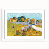 Textured abstract art print of swirling blue and yellow patterns on a white framed canvas, suitable for bedroom decor.