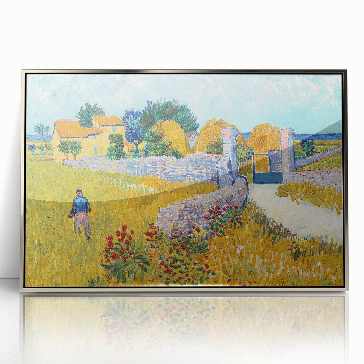 Large art print of Van Gogh's Starry Night in a silver frame, rendered in mid-century modernist style.