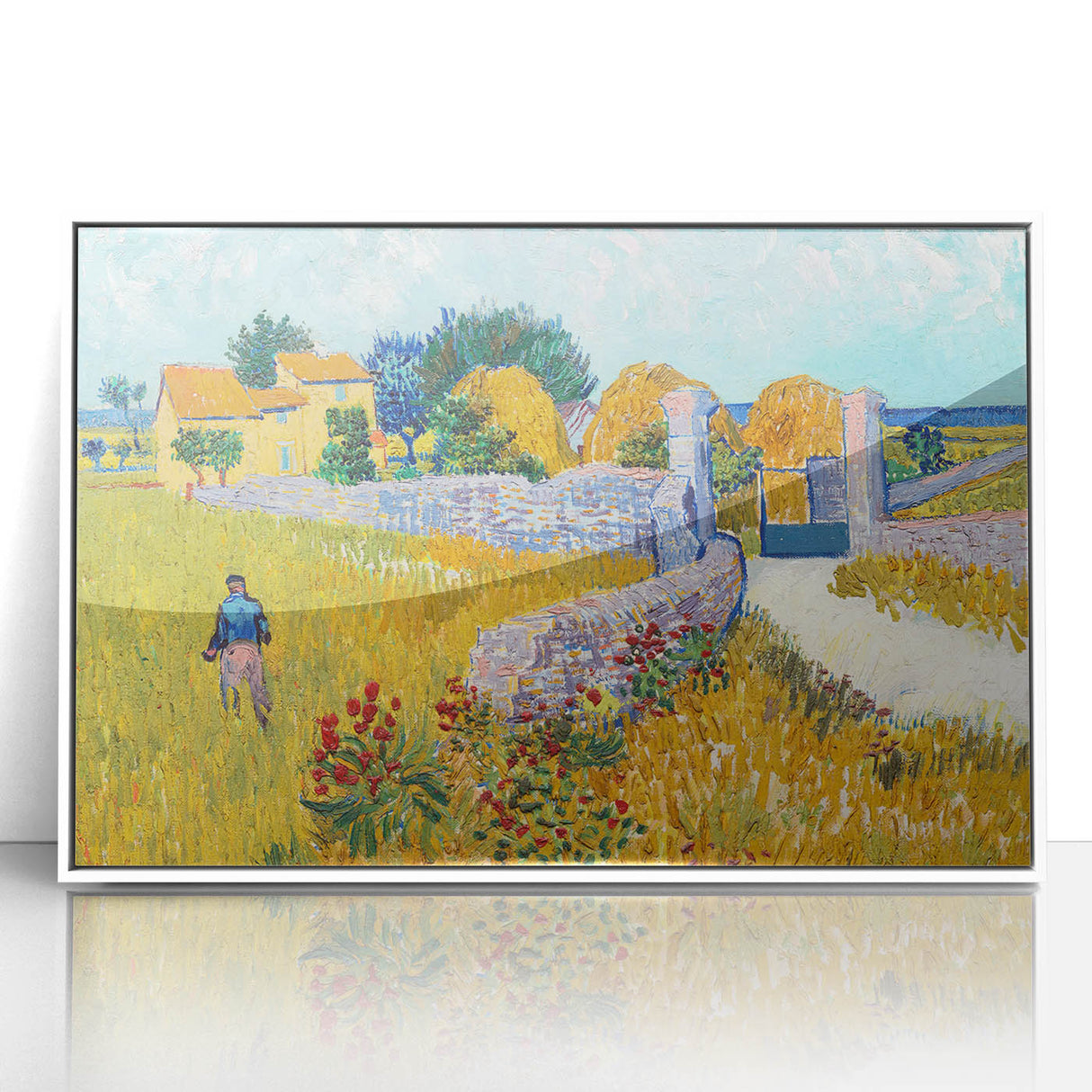Mid-century modernist art featuring a Van Gogh-inspired abstract design in vibrant colors on a white acrylic framed poster.