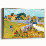 Vintage poster art of a landscape painting on a framed canvas, featuring muted earth tones, ideal for bedroom wall decor.