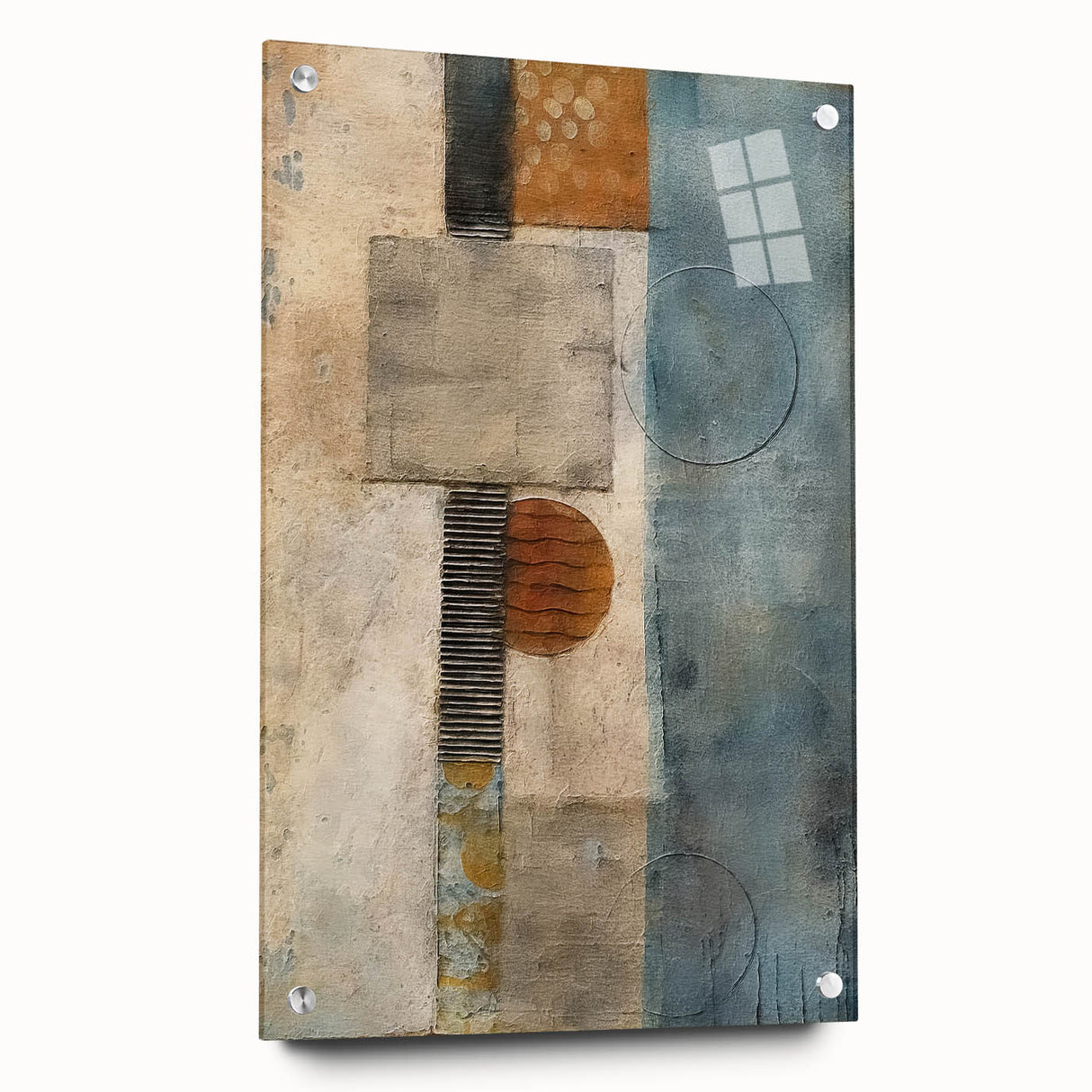 Abstract wall art design showcasing flowing strokes in vibrant hues, presented in a side view with acrylic glass and visible mounting pins, ideal for modern decor.