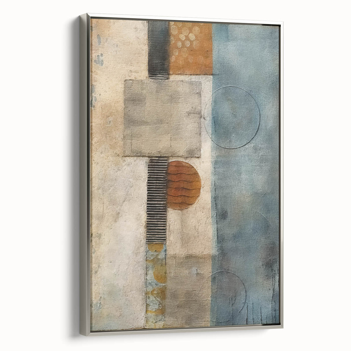 Framed canvas wall art featuring abstract strokes in silver and gray tones, showcasing a modern design; ideal for enhancing contemporary home decor.
