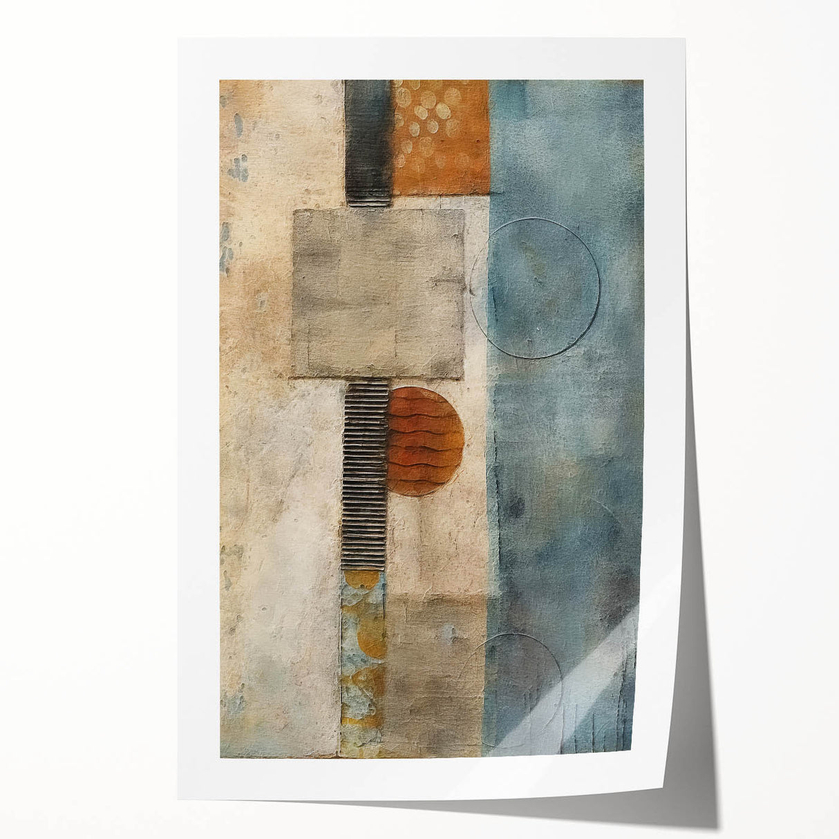 Abstract wall art print showcasing vibrant strokes in shades of blue, pink, and gold, rolled neatly for easy display and shipping in a protective tube. Ideal for modern home decor enthusiasts looking to enhance their space with colorful, contemporary artwork.