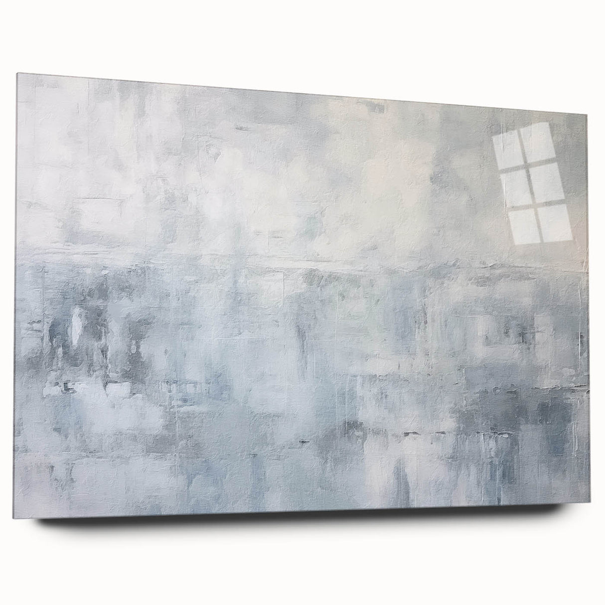 Abstract wall art design with vibrant strokes in shades of blue, pink, and gold, displayed in a sleek acrylic frame showcasing its modern aesthetic.