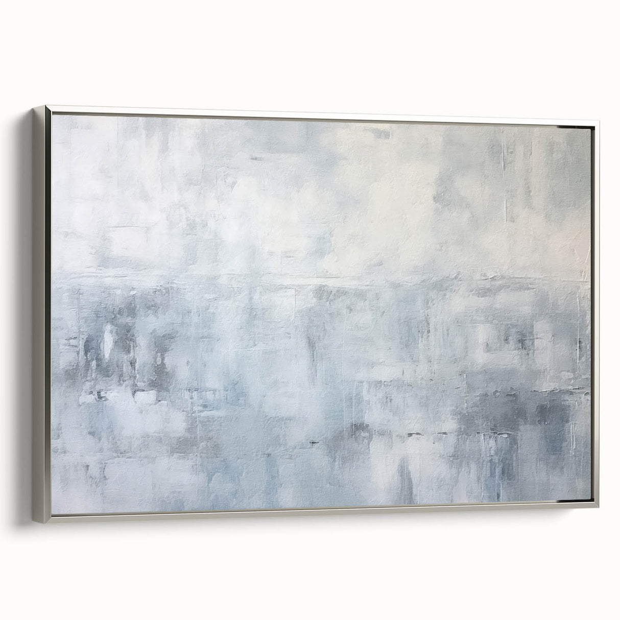 Framed canvas wall art featuring abstract strokes in silver tones, showcasing modern design elements. Ideal for contemporary home decor or office spaces.