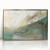 Framed abstract wall art featuring colorful strokes in gold and blue, perfect for modern home decor. Ideal for enhancing living room aesthetics.
