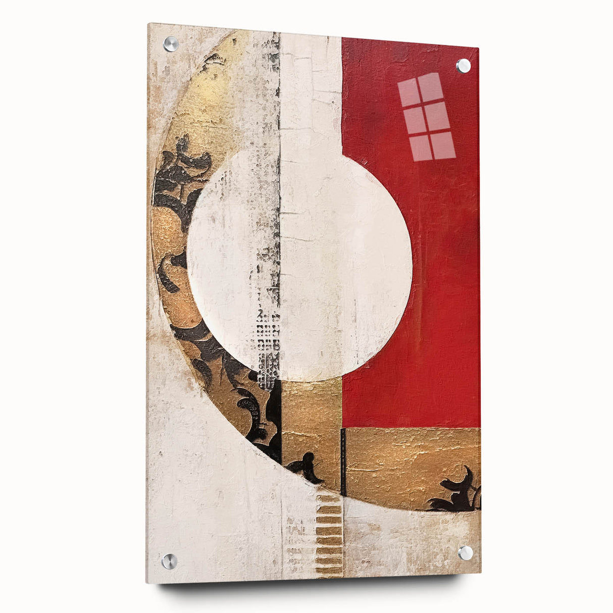 Abstract strokes wall art design on acrylic glass, showcasing vibrant colors and unique textures, elegantly displayed with pins, ideal for modern home decor.