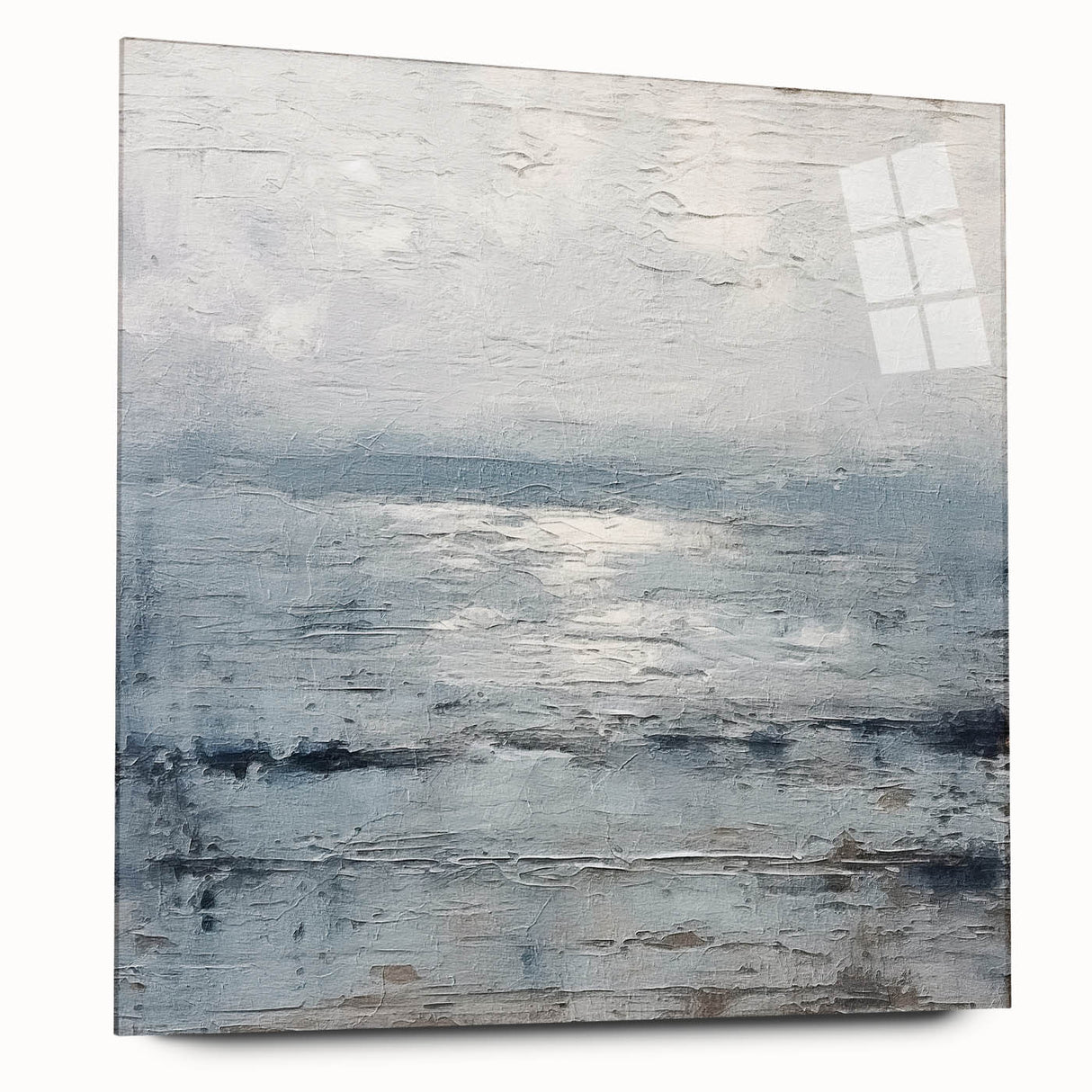 Abstract wall art featuring vibrant strokes in shades of blue, pink, and gold, displayed in a sleek acrylic glass frame, showcasing a modern aesthetic for contemporary interiors.