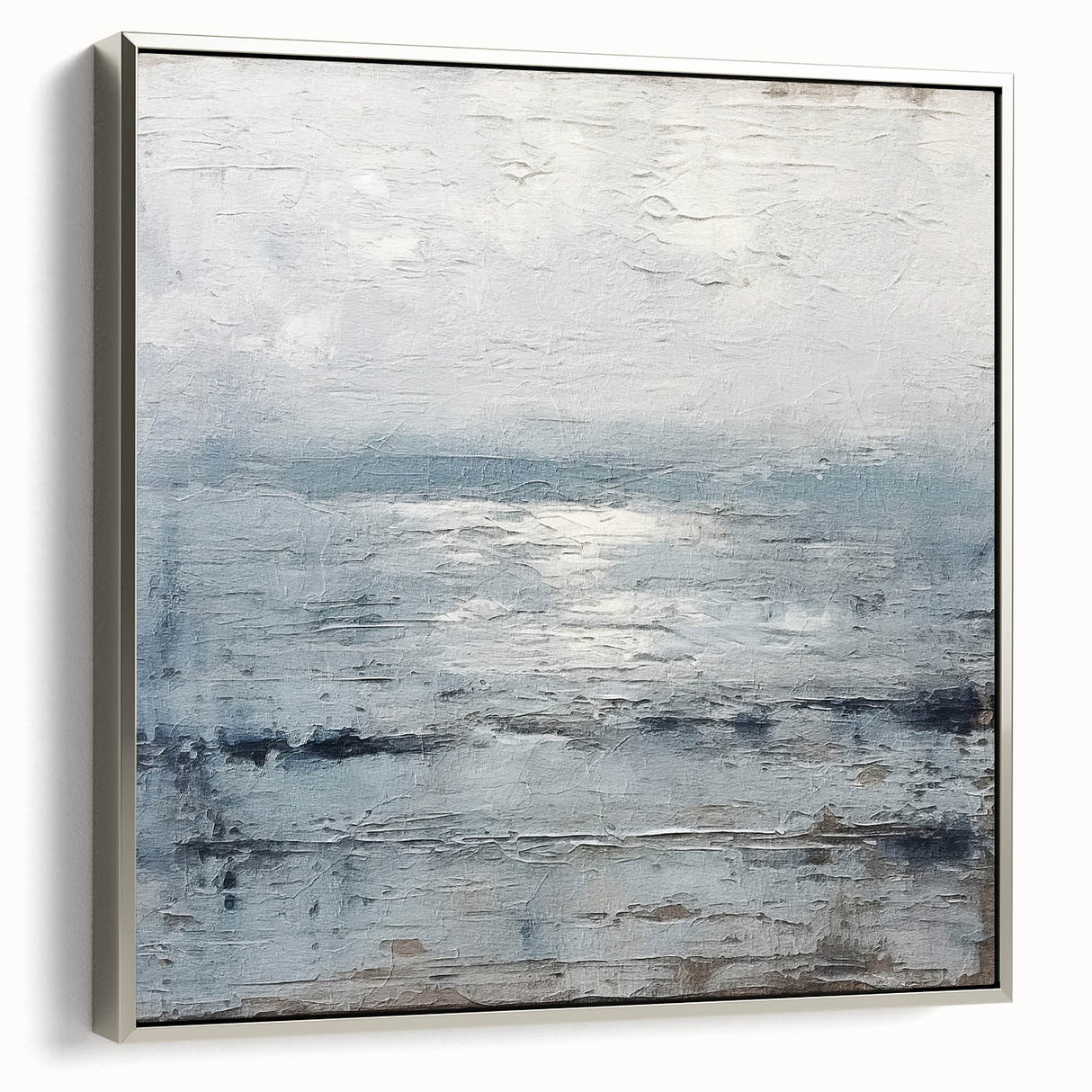 Framed canvas wall art showcasing abstract strokes in silver tones, elegantly displayed in a modern setting, perfect for contemporary home decor.