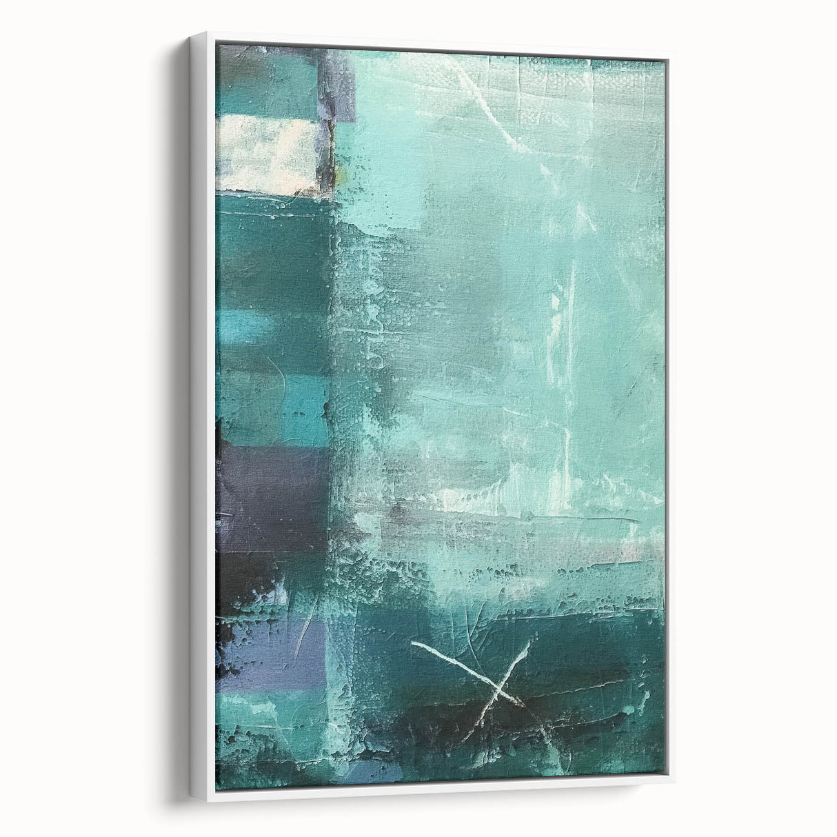 Framed abstract strokes wall art featuring a modern design with soft hues of blue and white, displayed in a sleek frame, adding elegance to any decor.