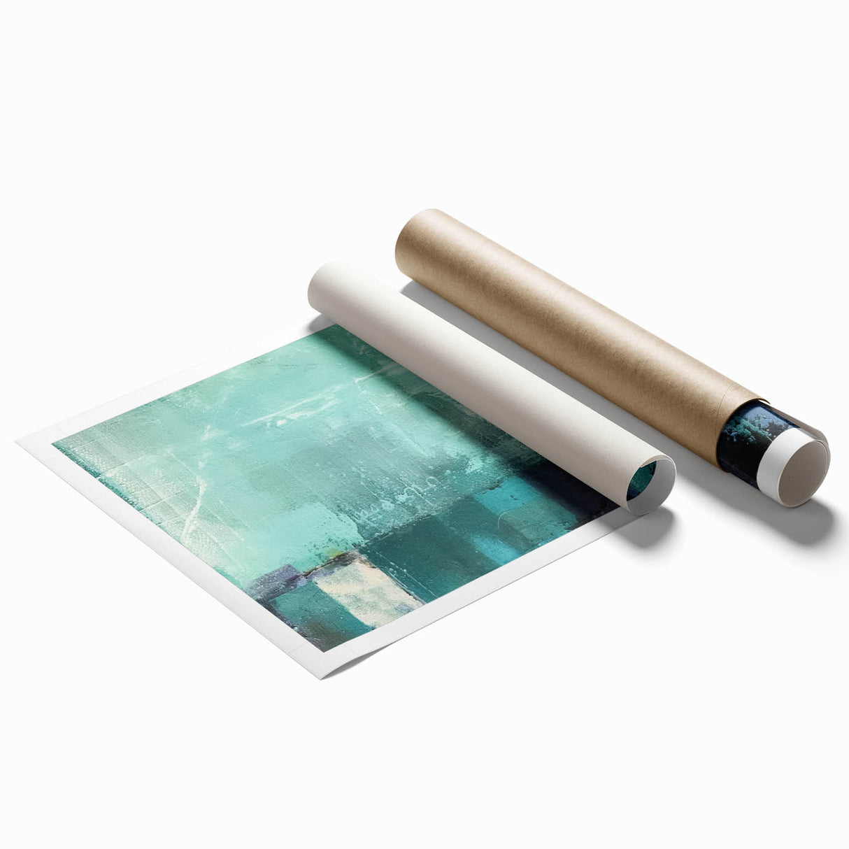 Abstract wall art print showcasing vibrant strokes in shades of blue, gold, and white, rolled and ready for framing, ideal for modern home decor.