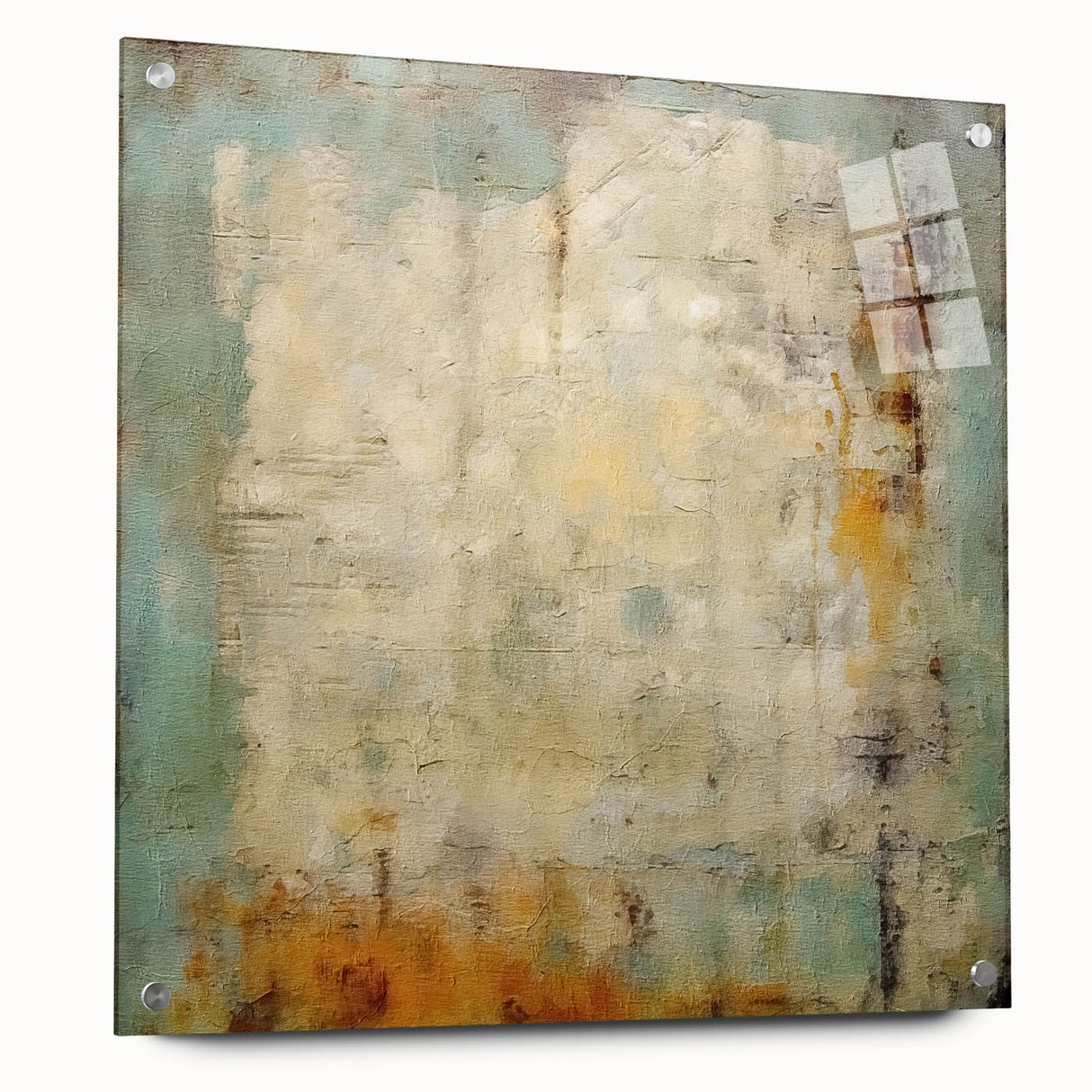 Abstract strokes wall art in acrylic glass, showcasing vibrant colors and dynamic patterns, displayed with decorative pins against a neutral background.