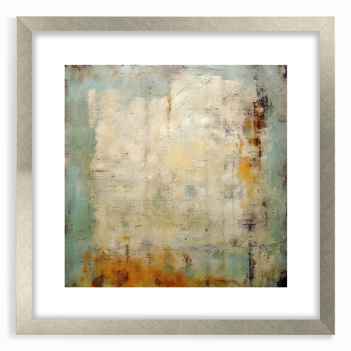 Abstract wall art design featuring colorful strokes in a modern silver frame with a mat, ideal for contemporary home decor. Perfect for adding a stylish touch to any room.