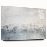 Abstract wall art featuring vibrant strokes in blues, greens, and yellows, displayed in an acrylic glass frame from a side view, showcasing its sleek design and modern aesthetic.