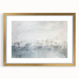 Abstract wall art featuring bold strokes in shades of blue, gold, and white, framed elegantly with a gold mat, ideal for modern home decor.