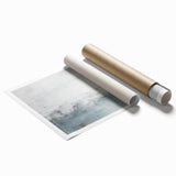 Abstract wall art print featuring dynamic strokes in vibrant colors of blue, orange, and white, ideal for modern home decor. Rolled and protected in a durable tube.