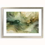 Abstract wall art featuring vibrant strokes in a blend of blue, gold, and black, framed in a sleek silver frame with a white mat, perfect for modern decor.