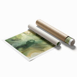 Abstract wall art print showcasing vibrant, swirling strokes in blue, orange, and green hues, rolled and ready for display, perfect for modern home decor.