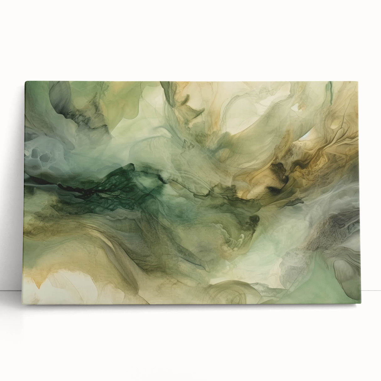 Abstract wall art featuring colorful strokes in shades of blue, pink, and gold on a stretched canvas, leaning against a neutral wall, perfect for modern decor.